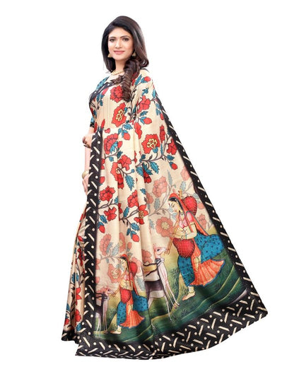 Cream Coloured Poly Silk Digital Printed Partywear saree | Leemboodi