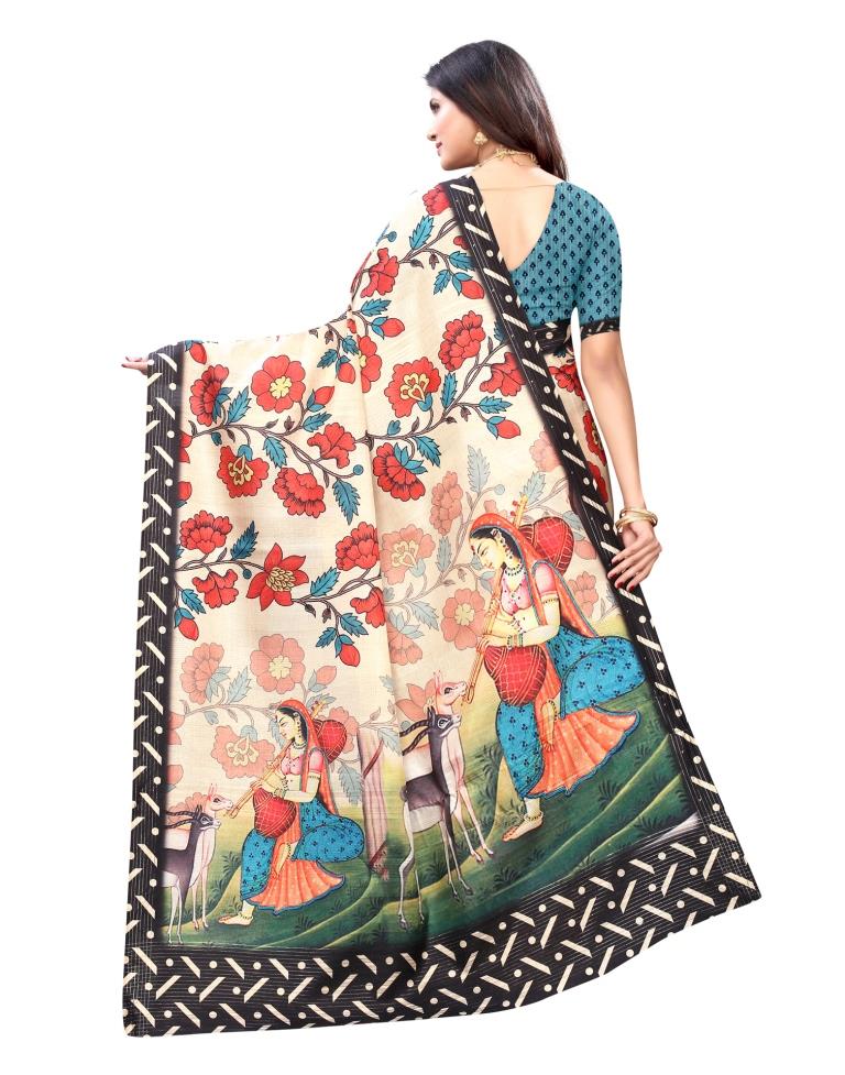 Cream Coloured Poly Silk Digital Printed Partywear saree | Leemboodi