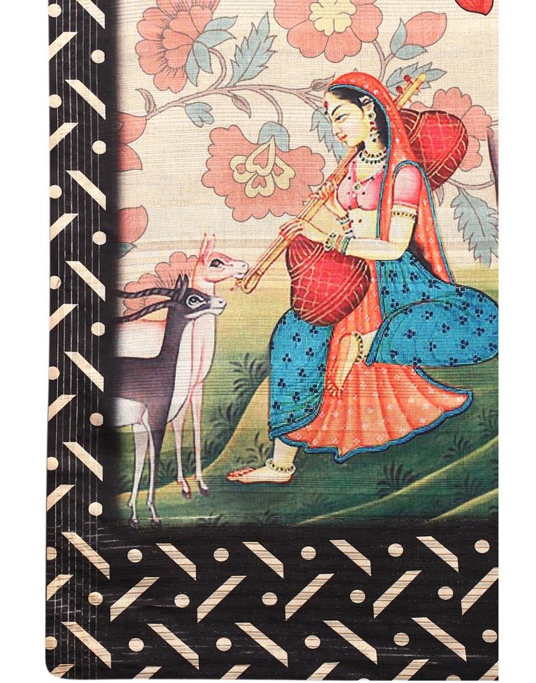 Cream Coloured Poly Silk Digital Printed Partywear saree | Leemboodi