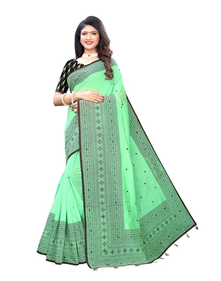 Mint Green Coloured Cotton Blend Printed Embellished Partywear saree | Leemboodi