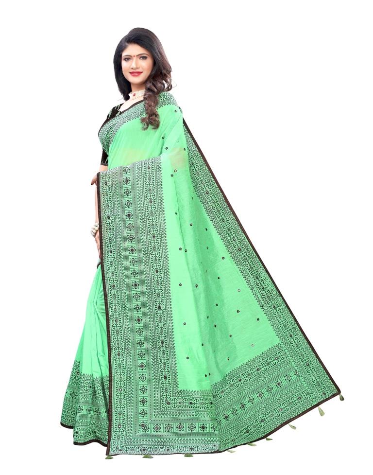 Mint Green Coloured Cotton Blend Printed Embellished Partywear saree | Leemboodi