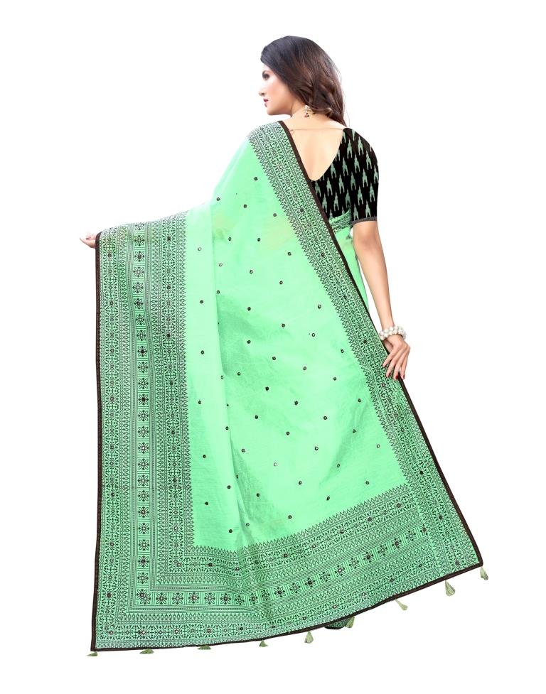 Mint Green Coloured Cotton Blend Printed Embellished Partywear saree | Leemboodi