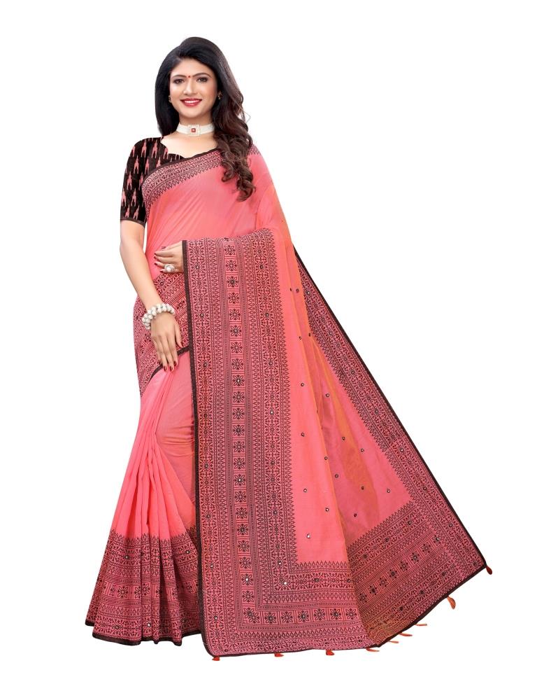 Dark Pink Coloured Cotton Blend Printed Embellished Partywear saree | Leemboodi