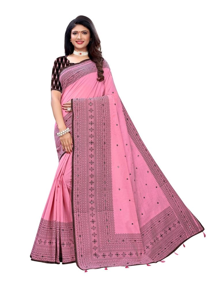 Light Pink Coloured Cotton Blend Printed Embellished Partywear saree | Leemboodi