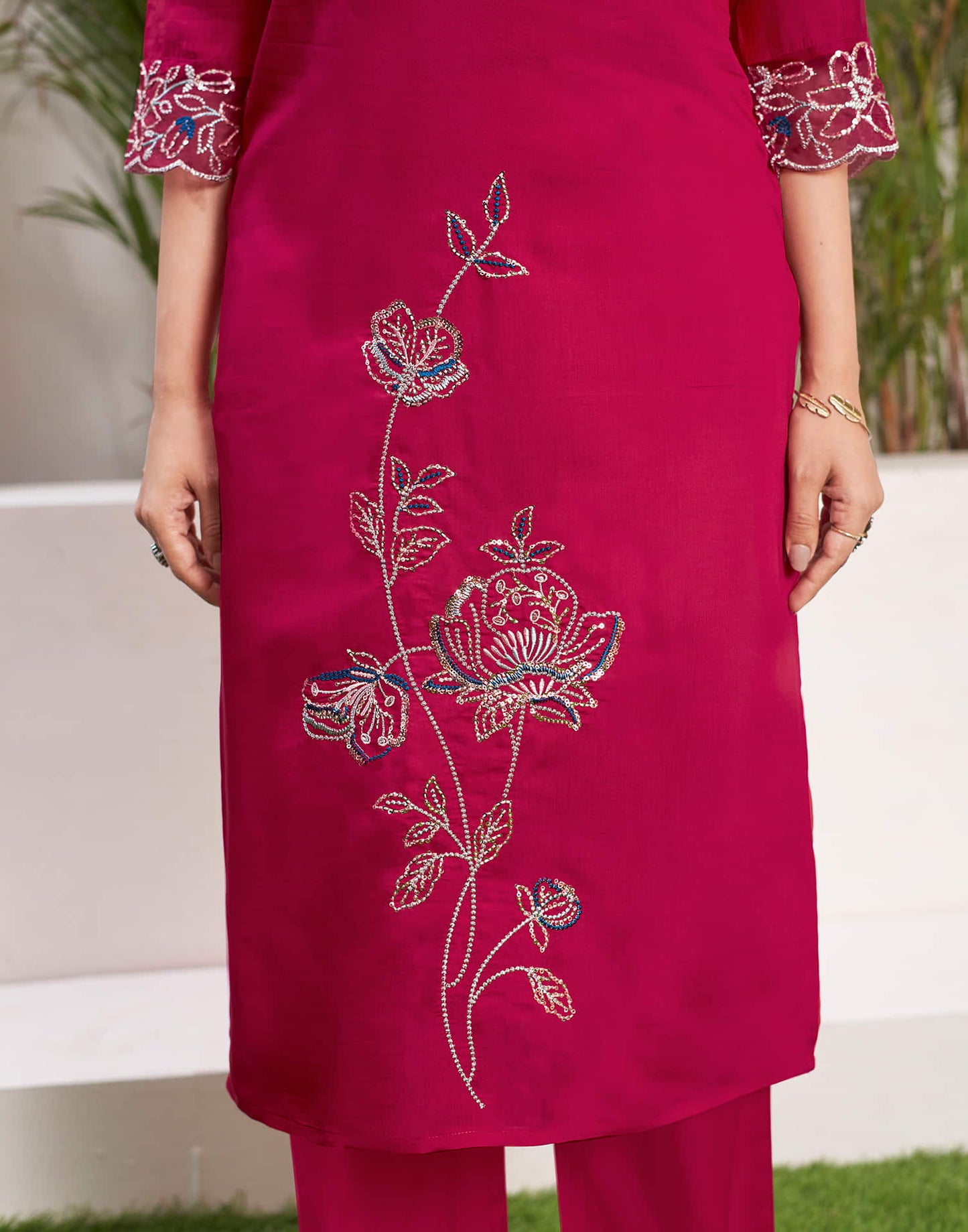 Dark Pink Sequence Silk Straight Kurta With Pant And Dupatta