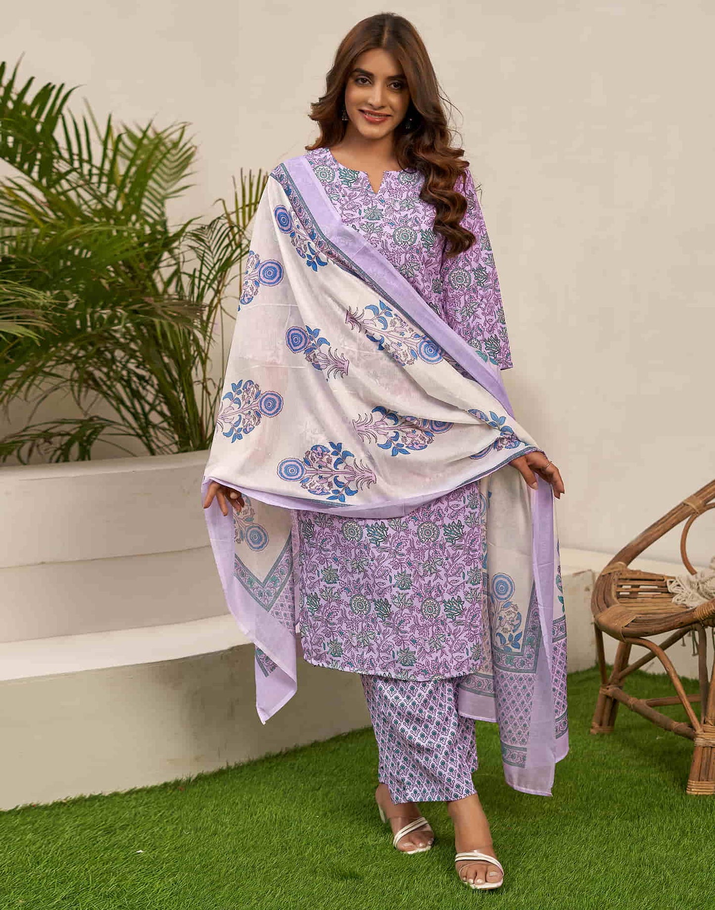 Lavender Printed Rayon Straight Kurta With Pant And Dupatta