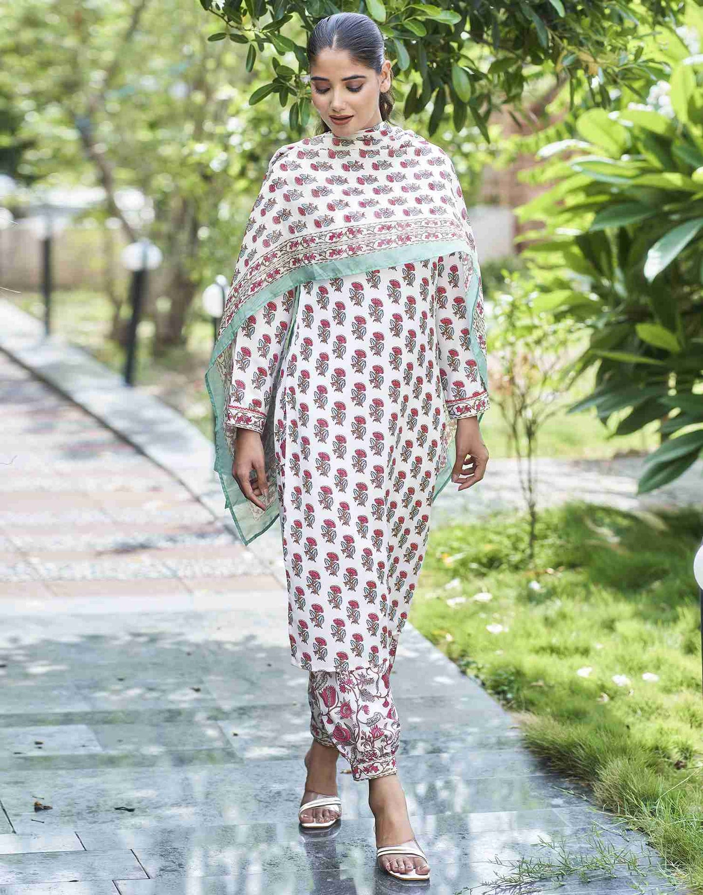 White Printed Rayon Straight Kurta Set With Dupatta