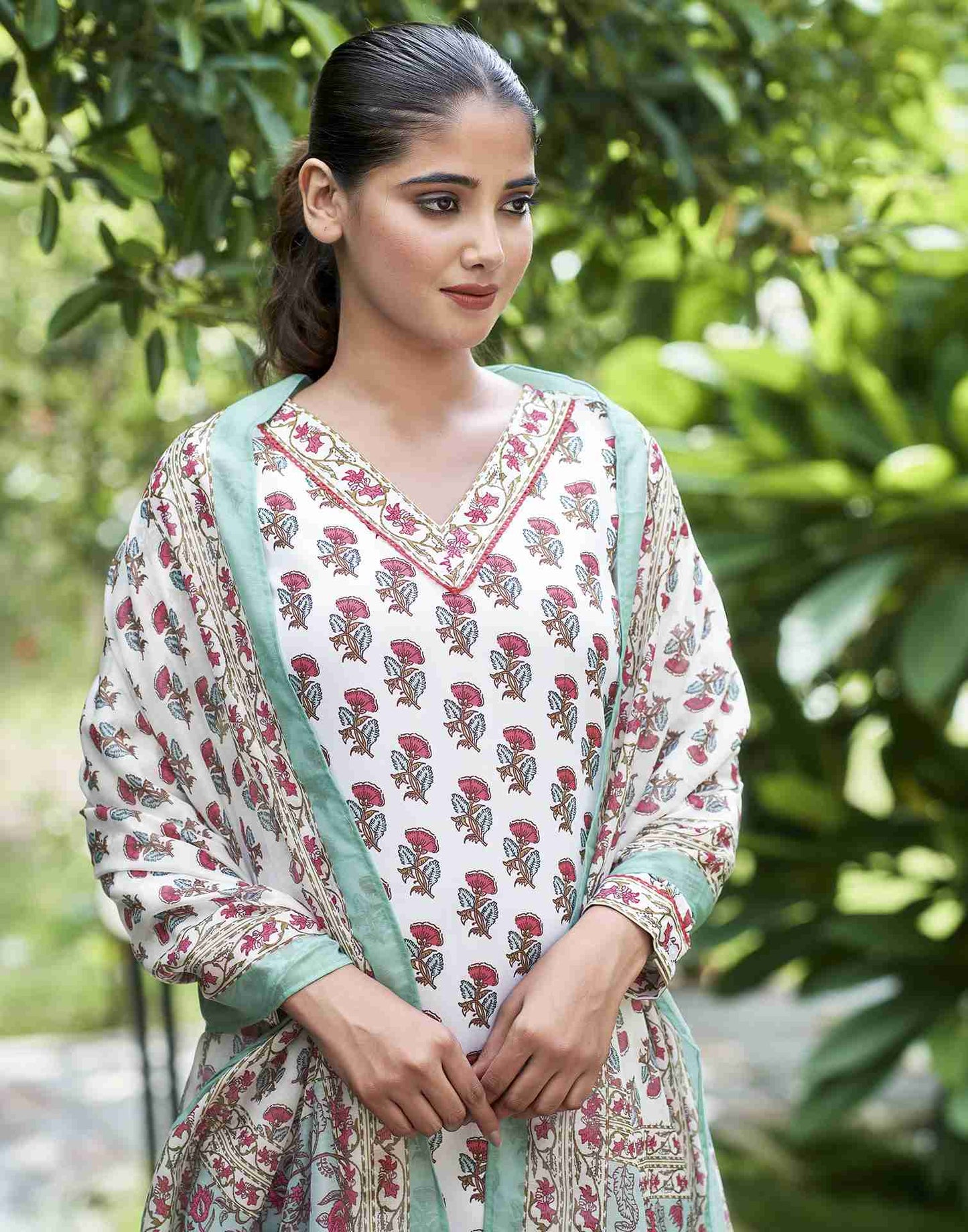 White Printed Rayon Straight Kurta Set With Dupatta