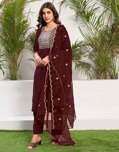 Maroon Embroidery Silk Straight Kurta With Pant And Dupatta