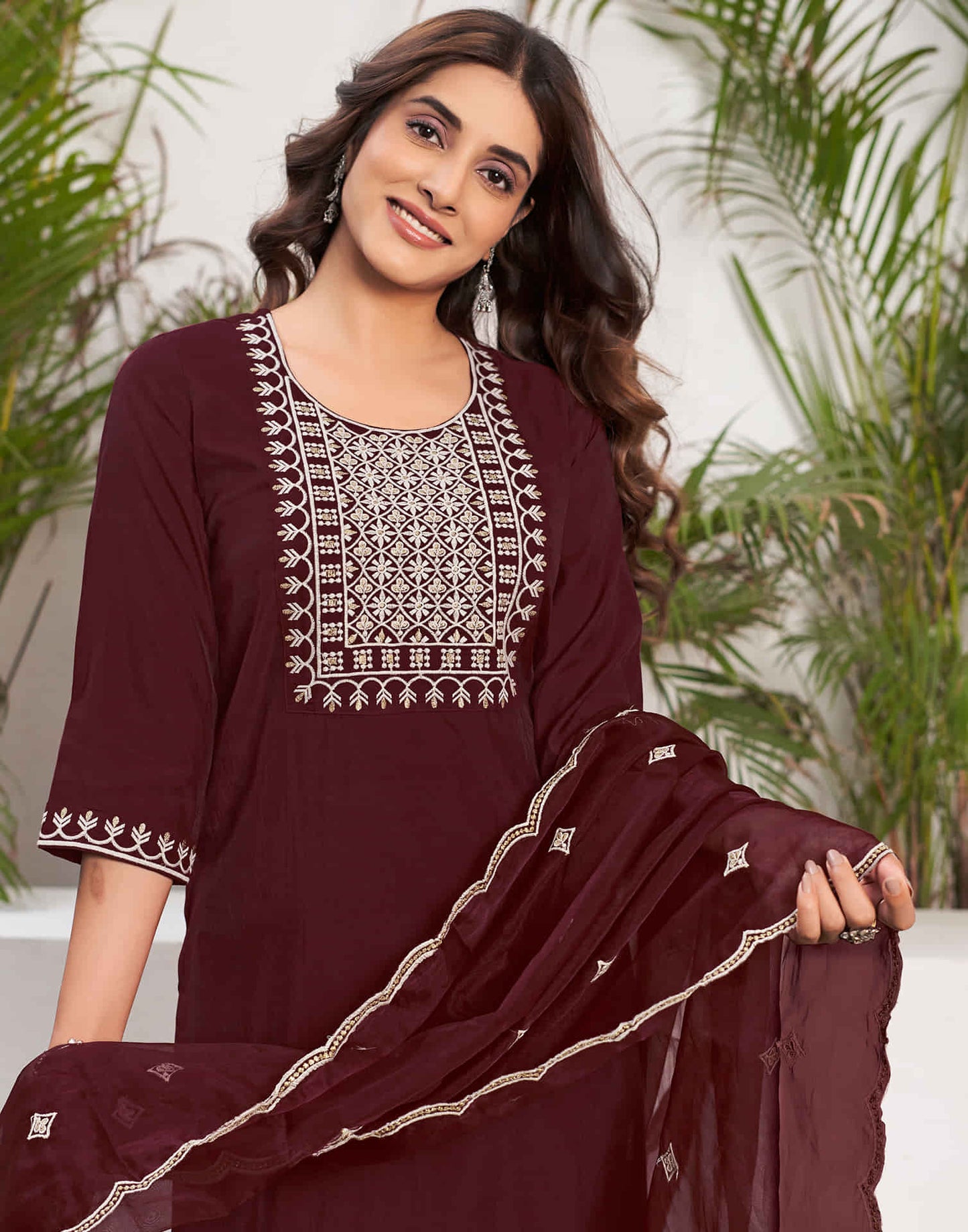 Maroon Embroidery Silk Straight Kurta With Pant And Dupatta