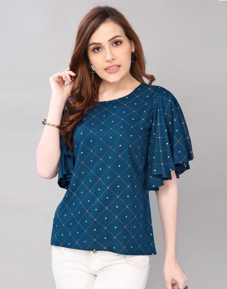 Teal Blue Coloured Foil Printed Rayon Top | Sudathi