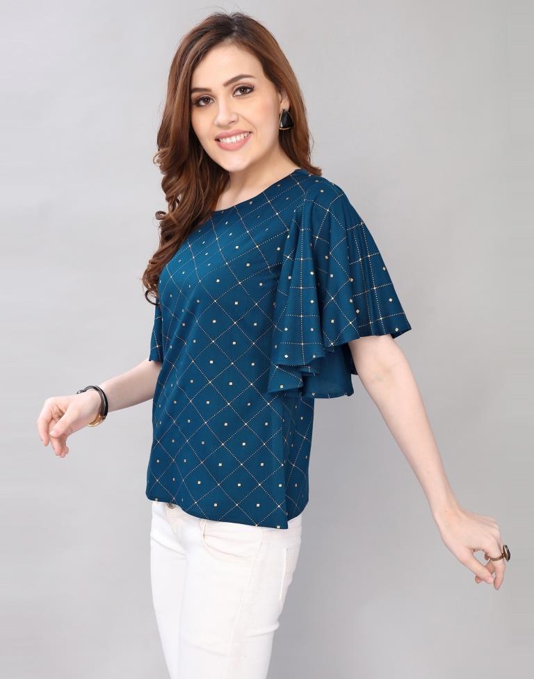 Teal Blue Coloured Foil Printed Rayon Top | Sudathi