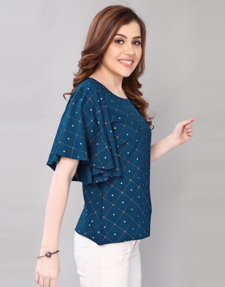 Teal Blue Coloured Foil Printed Rayon Top | Sudathi