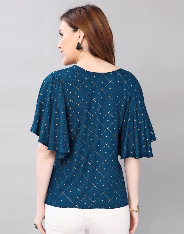 Teal Blue Coloured Foil Printed Rayon Top | Sudathi