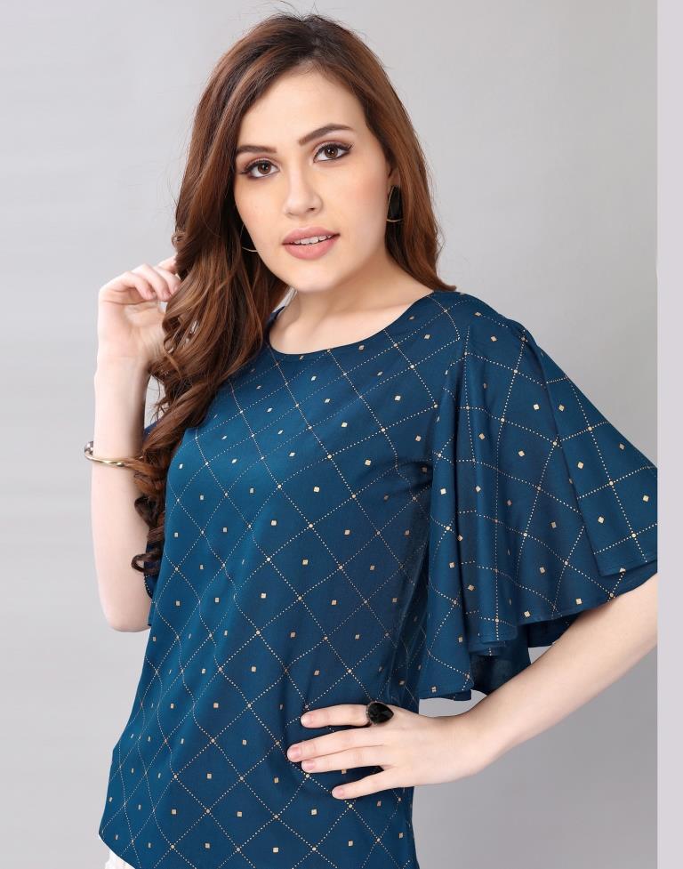 Teal Blue Coloured Foil Printed Rayon Top | Sudathi