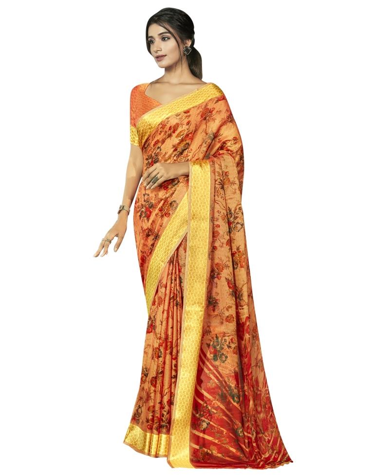 Royal Orange Printed Jute Saree