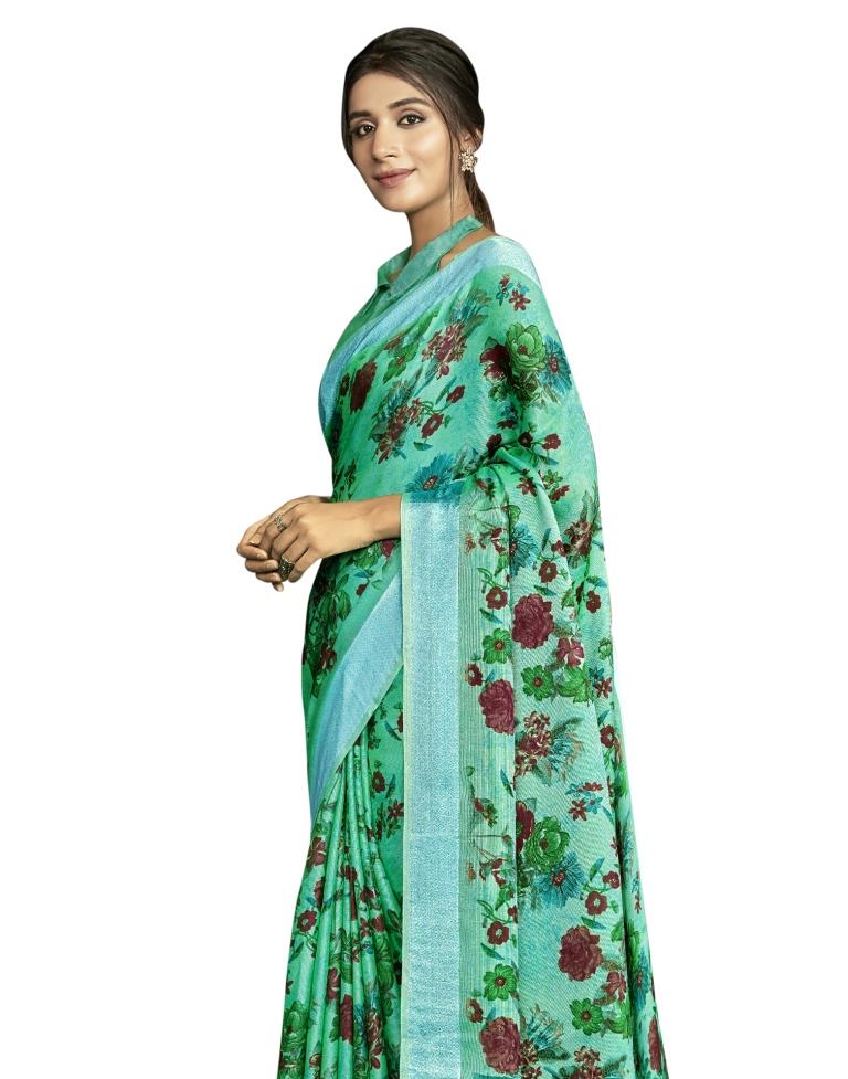 Green Coloured Jute Printed Satin Patta Partywear saree | Leemboodi