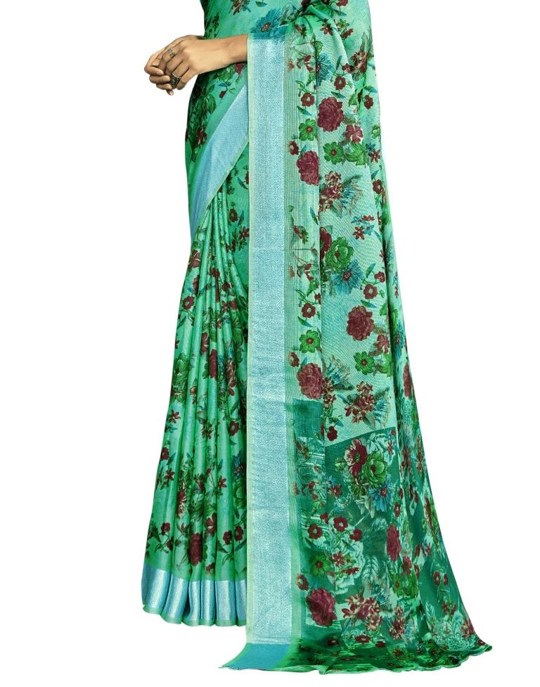 Green Coloured Jute Printed Satin Patta Partywear saree | Leemboodi