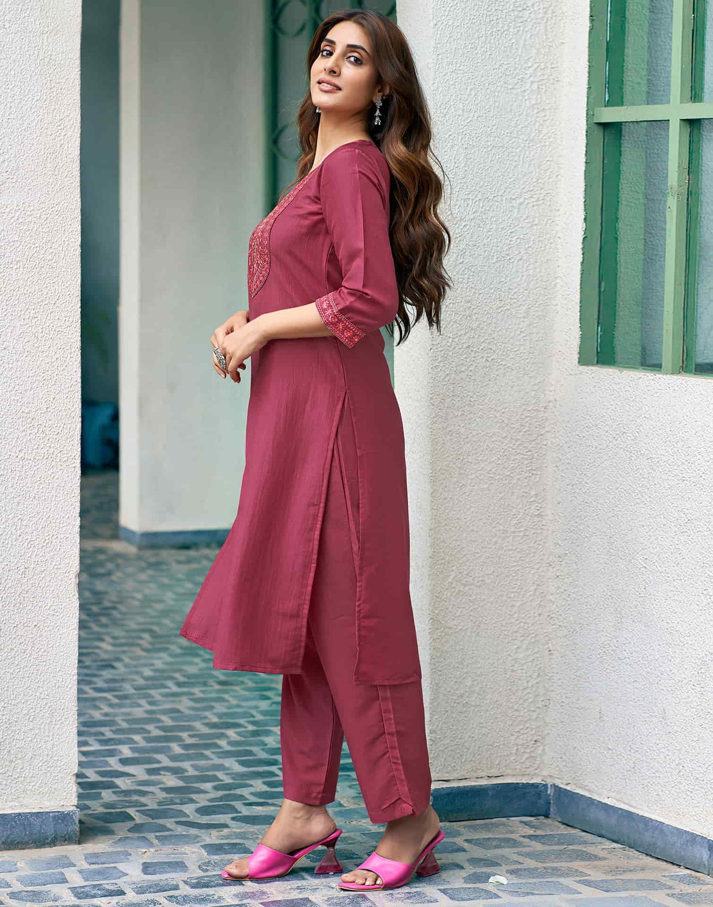 Rouge Pink Sequence Chinnon Straight Kurta With Pant And Dupatta