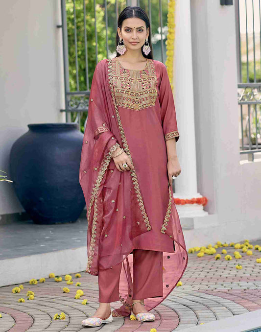 Dark Dusty Pink Silk Embroidery Straight Kurta Set With Dupatta