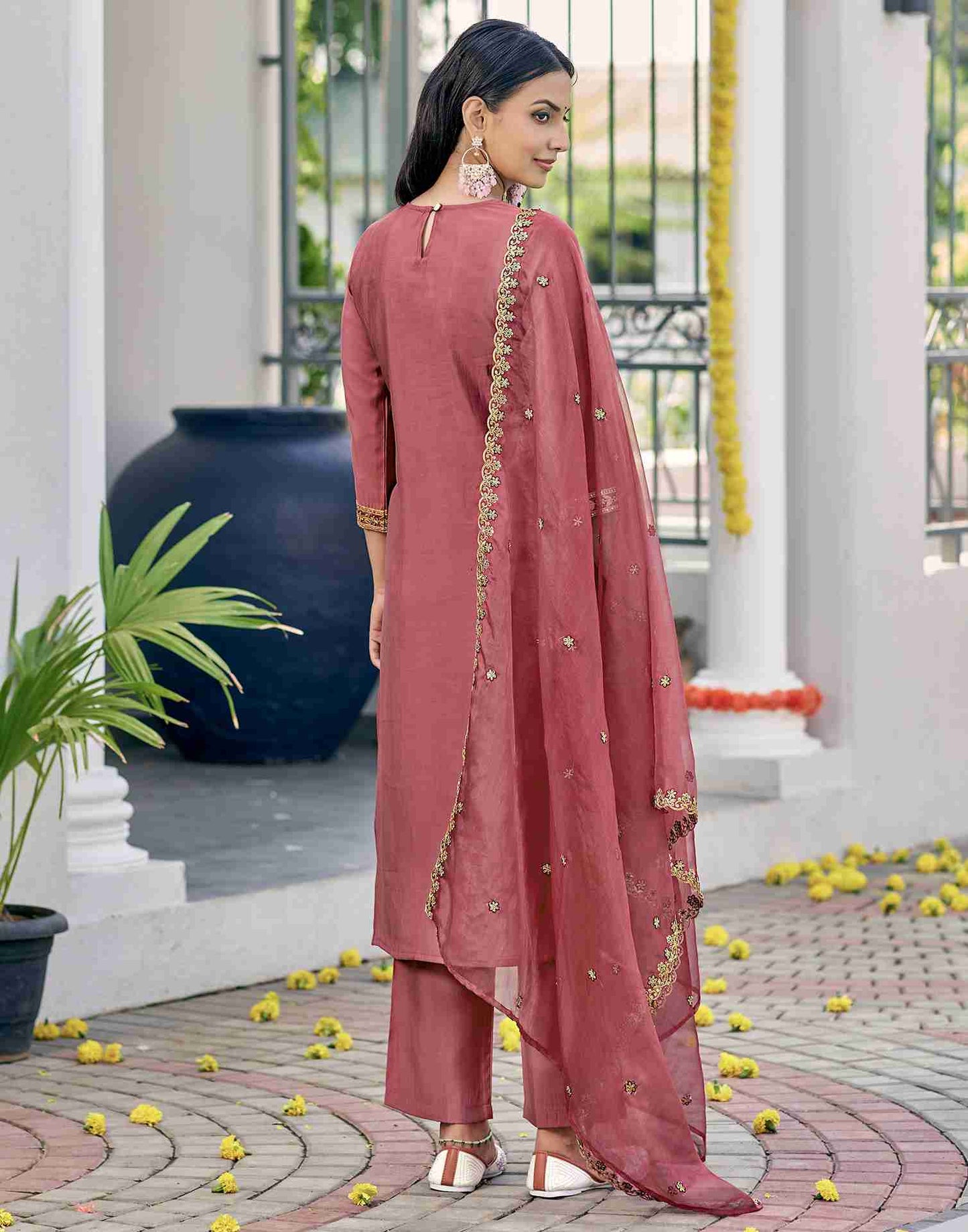 Dark Dusty Pink Silk Embroidery Straight Kurta Set With Dupatta