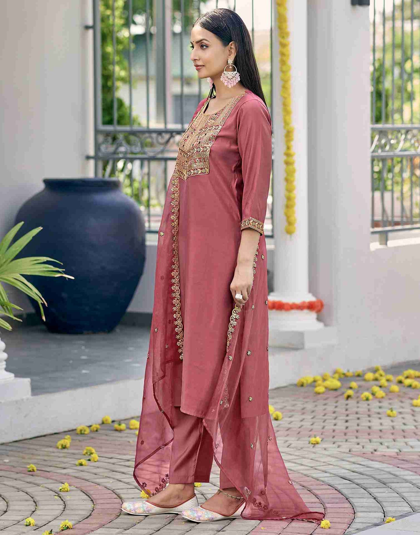 Dark Dusty Pink Silk Embroidery Straight Kurta Set With Dupatta