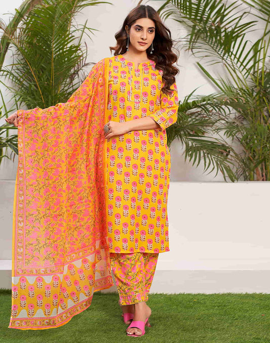 Yellow Printed Rayon Straight Kurta With Pant And Dupatta