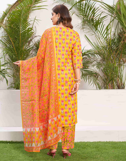 Yellow Printed Rayon Straight Kurta With Pant And Dupatta