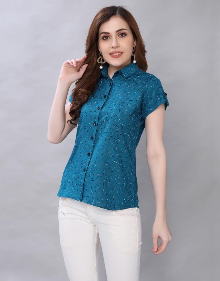 Glitzy Teal Coloured Printed Malai Silk Tops | Sudathi