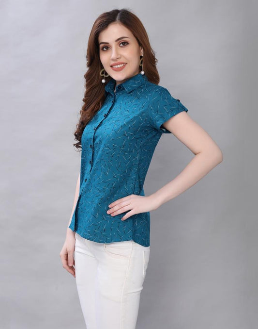 Glitzy Teal Coloured Printed Malai Silk Tops | Sudathi