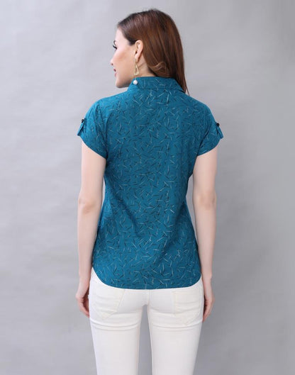 Glitzy Teal Coloured Printed Malai Silk Tops | Sudathi