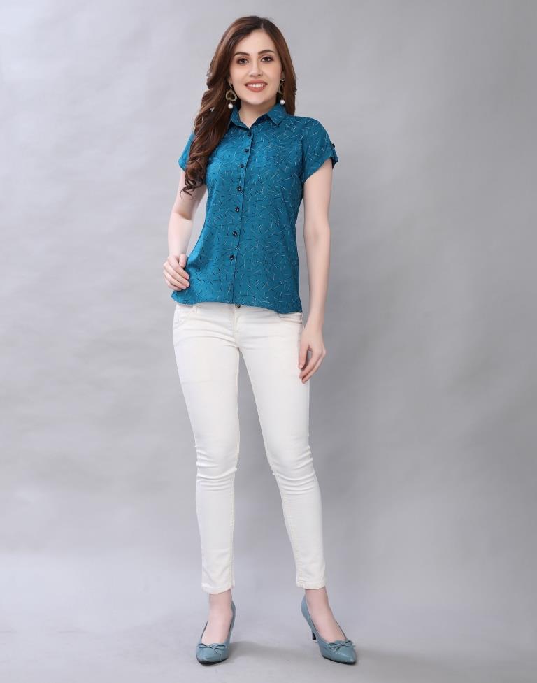 Glitzy Teal Coloured Printed Malai Silk Tops | Sudathi