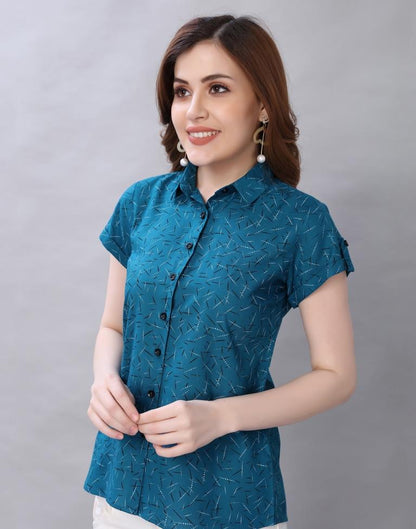 Glitzy Teal Coloured Printed Malai Silk Tops | Sudathi