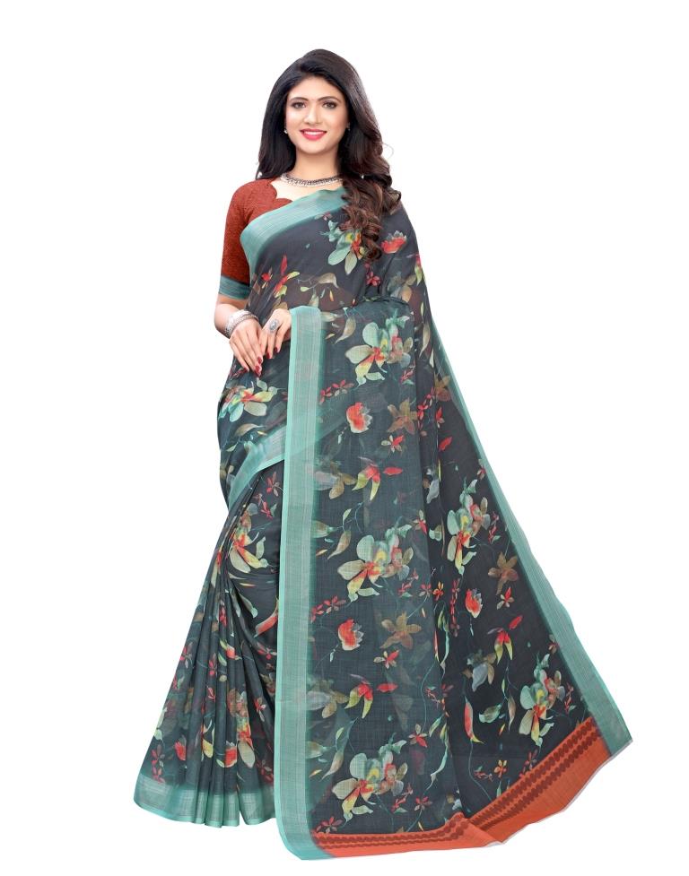 Dark Green Coloured Linen Digital Printed Casual saree | Leemboodi