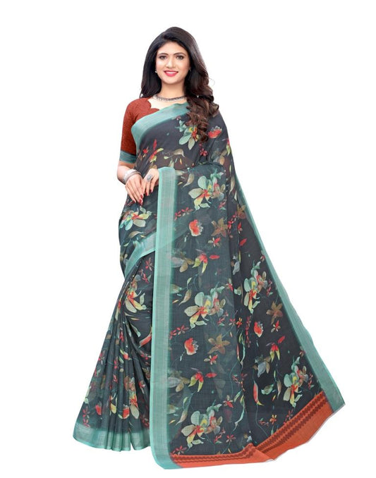 Dark Green Coloured Linen Digital Printed Casual saree | Leemboodi