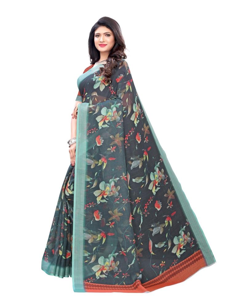 Dark Green Coloured Linen Digital Printed Casual saree | Leemboodi