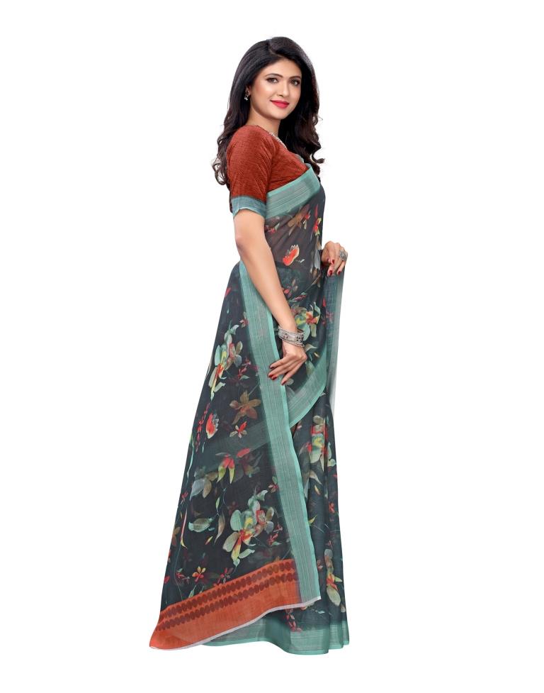 Dark Green Coloured Linen Digital Printed Casual saree | Leemboodi