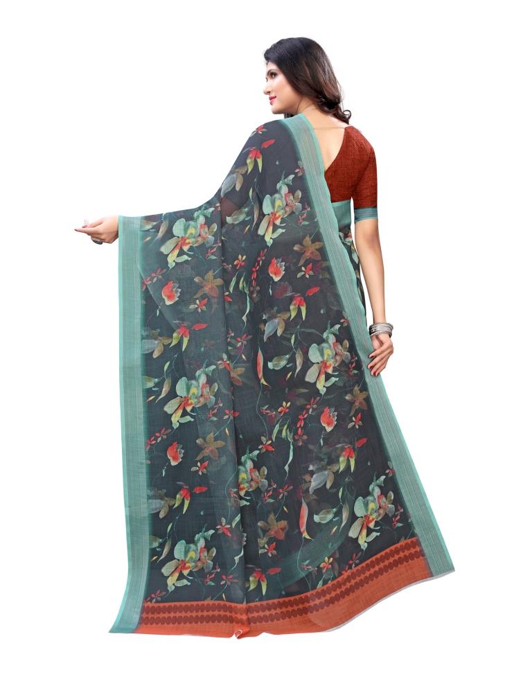 Dark Green Coloured Linen Digital Printed Casual saree | Leemboodi