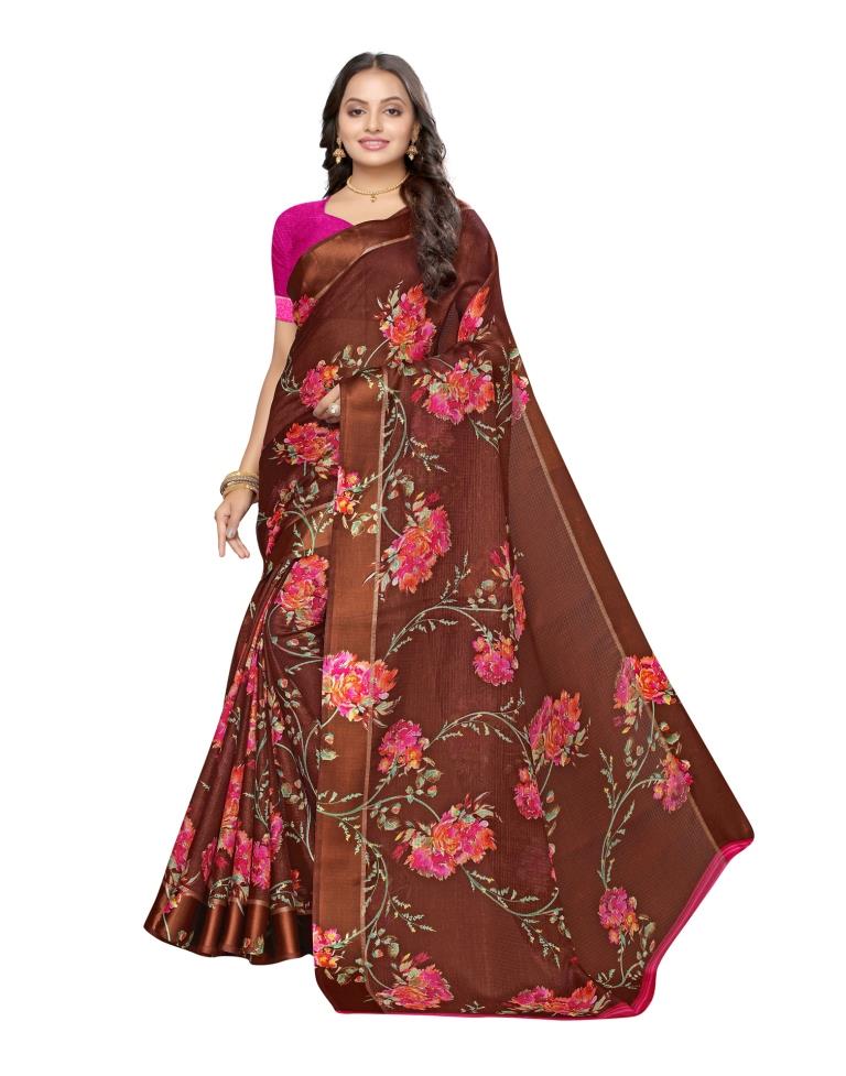 Brown Coloured Cotton Blend Printed Casual saree | Leemboodi