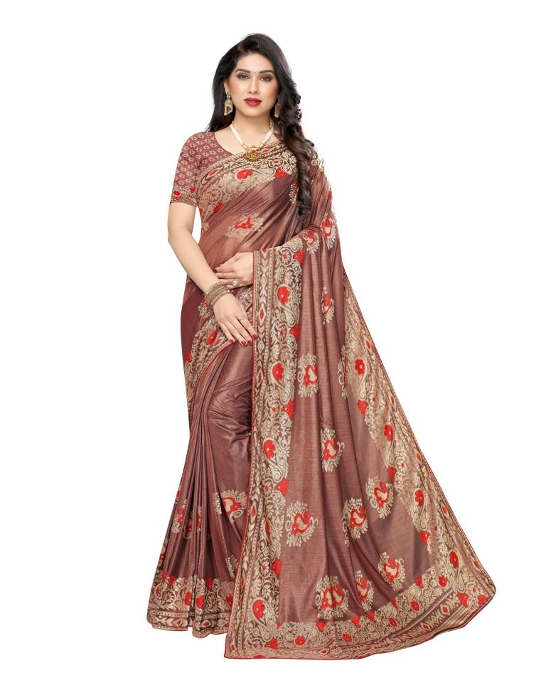 Chestnut Brown Coloured Lycra Brasso Embellished Partywear saree | Leemboodi