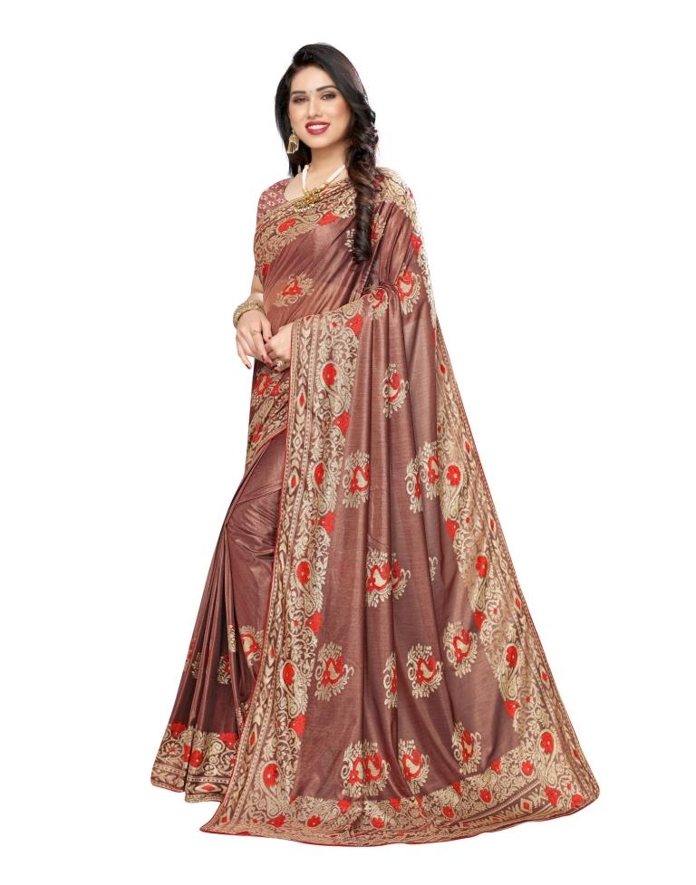 Chestnut Brown Coloured Lycra Brasso Embellished Partywear saree | Leemboodi