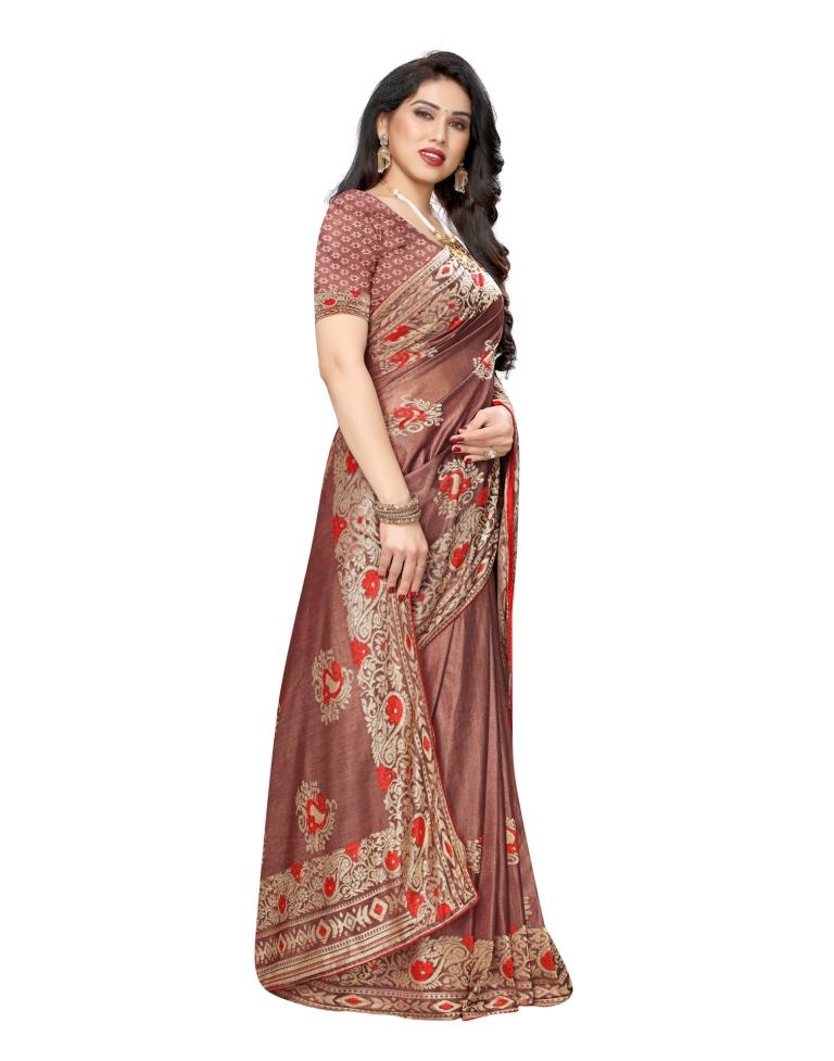 Chestnut Brown Coloured Lycra Brasso Embellished Partywear saree | Leemboodi