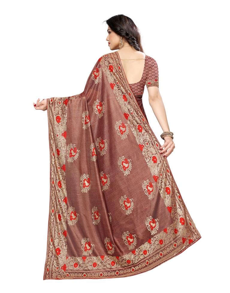 Chestnut Brown Coloured Lycra Brasso Embellished Partywear saree | Leemboodi