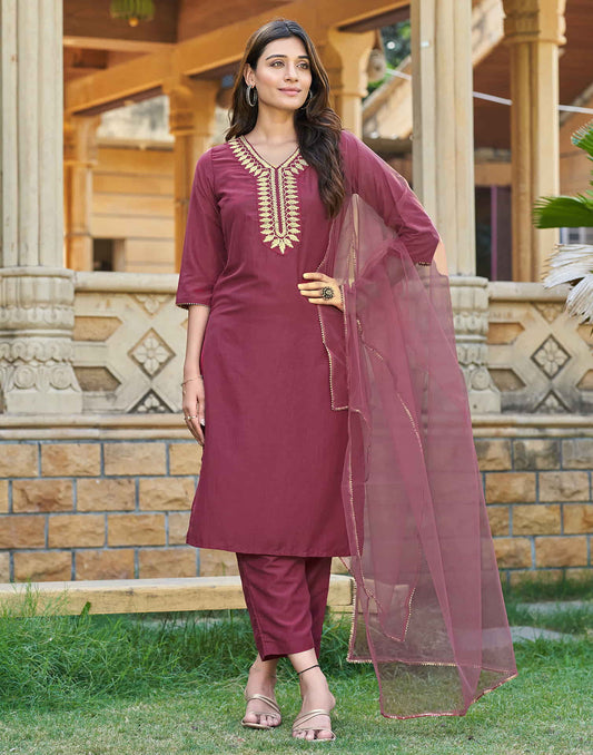 Rouge Pink Woven Chinnon Straight Kurta With Pant And Dupatta