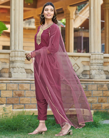 Rouge Pink Woven Chinnon Straight Kurta With Pant And Dupatta