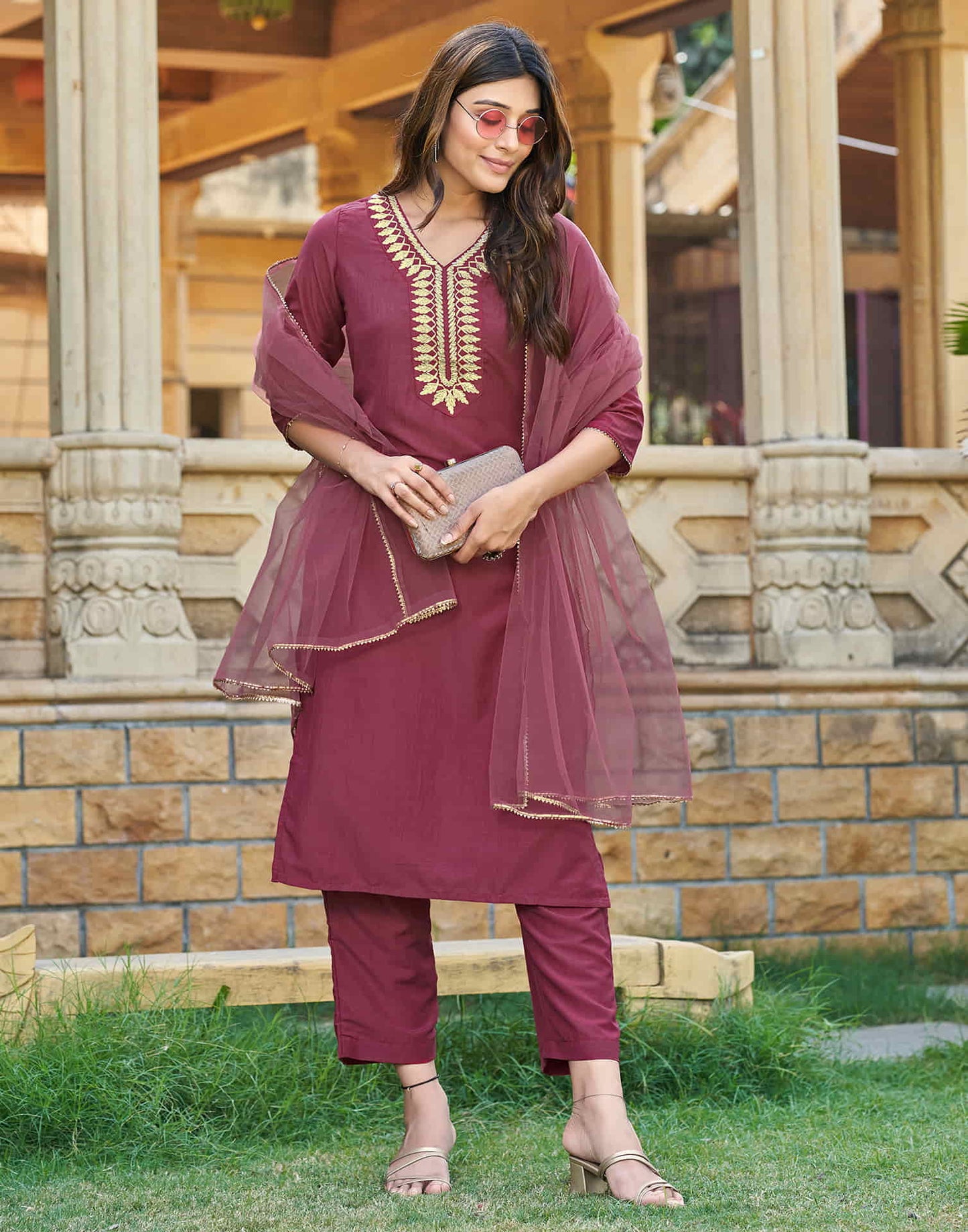 Rouge Pink Woven Chinnon Straight Kurta With Pant And Dupatta