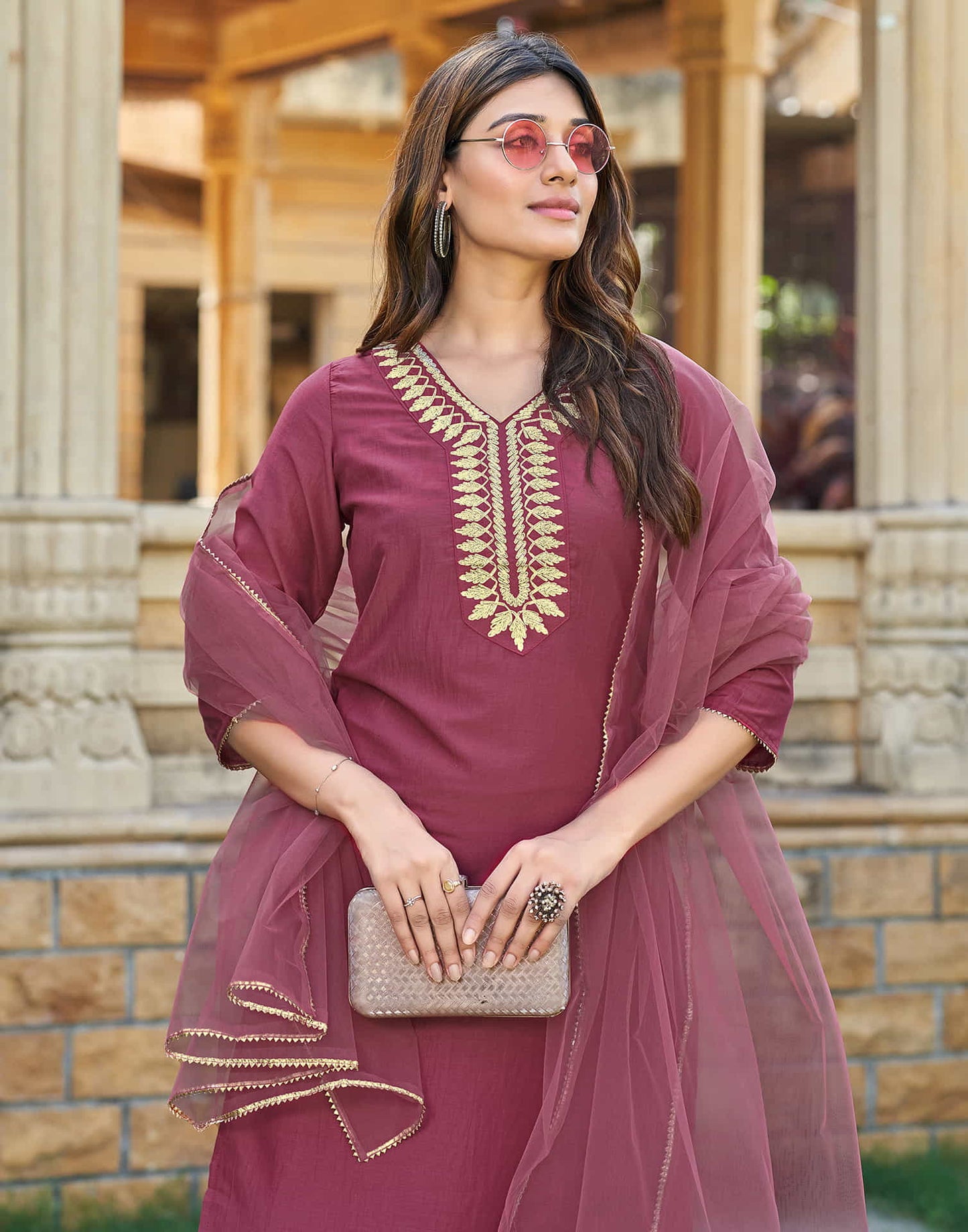 Rouge Pink Woven Chinnon Straight Kurta With Pant And Dupatta