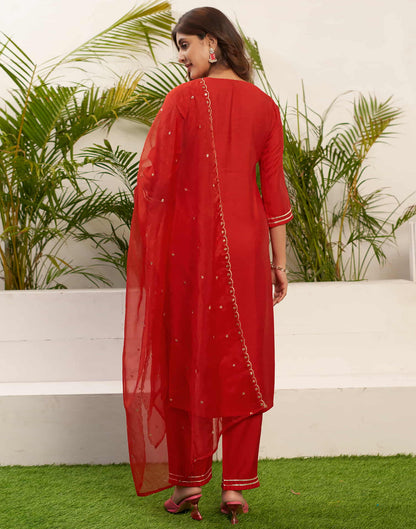 Red Sequence Silk Straight Kurta With Pant And Dupatta