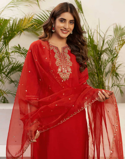 Red Sequence Silk Straight Kurta With Pant And Dupatta