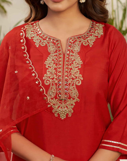 Red Sequence Silk Straight Kurta With Pant And Dupatta